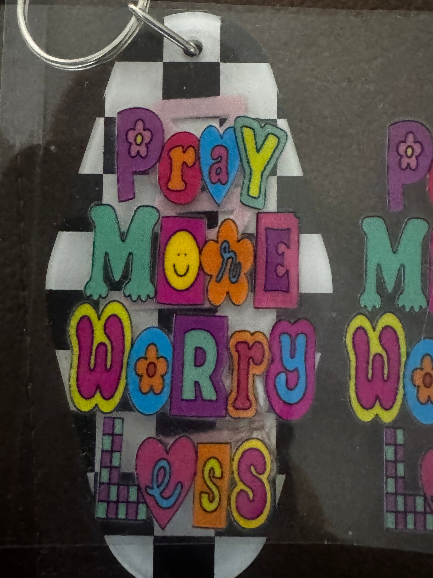 Keychain pray more worry less checkered