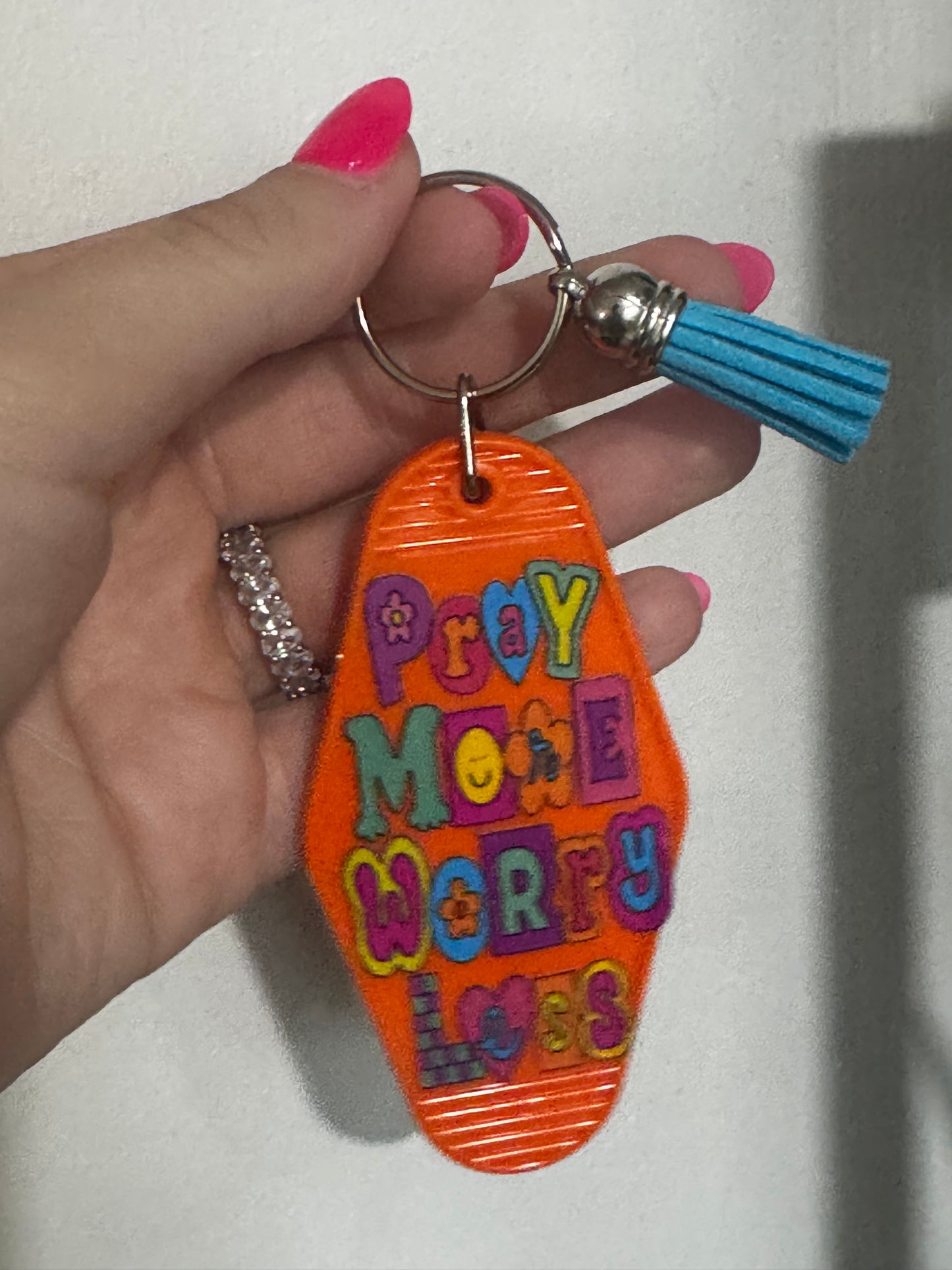 Keychain pray more worry less orange
