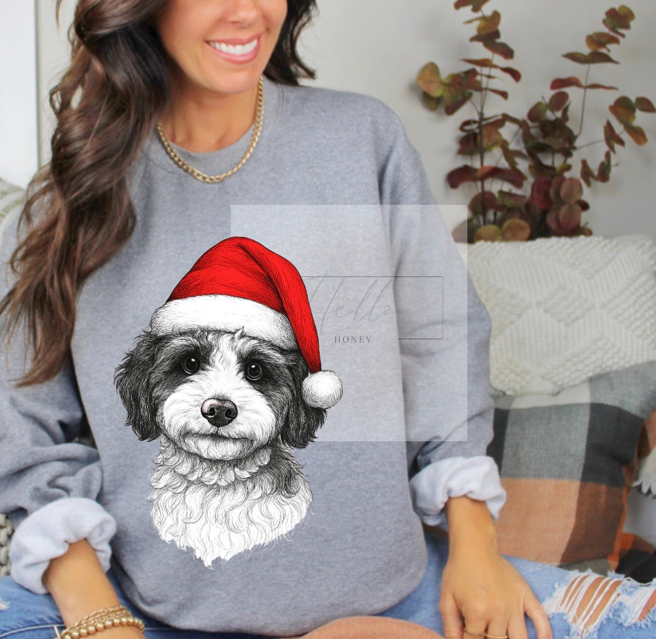 Custom Dog Photo Christmas Sweatshirt or T Shirt  — Personalized Pet Face in Santa Hat