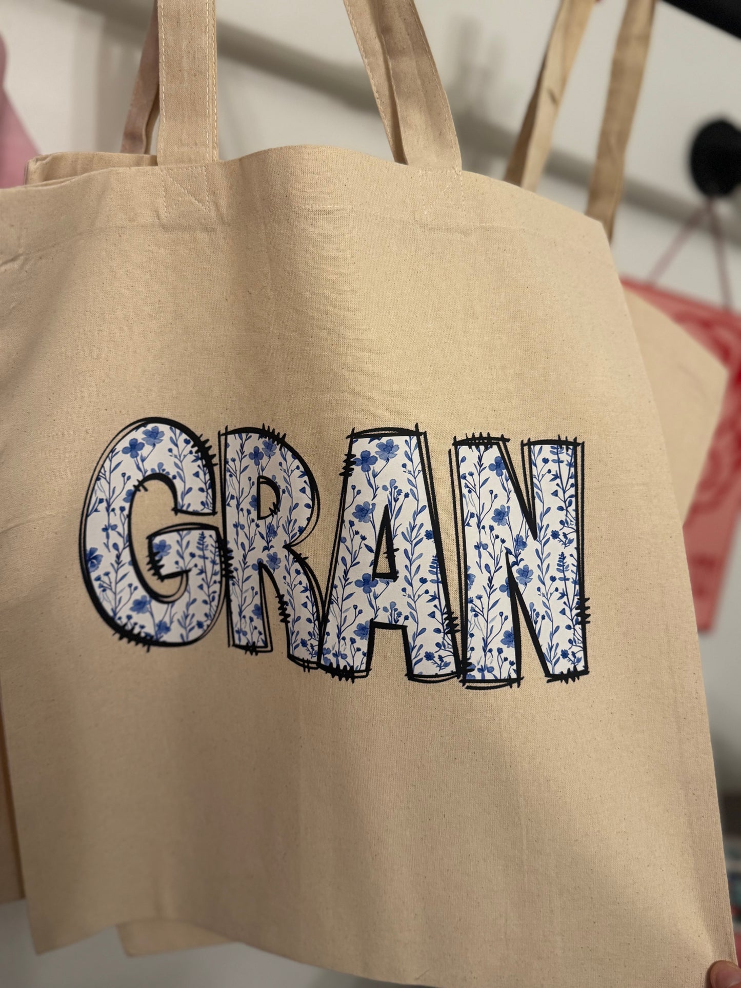 Custom Name or saying blue flower print  TOTE BAG