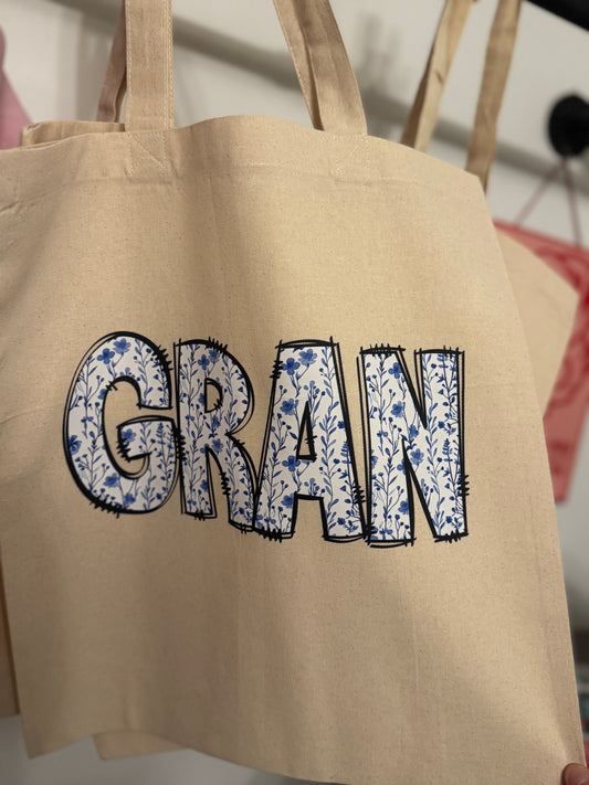 Custom Name or saying blue flower print  TOTE BAG